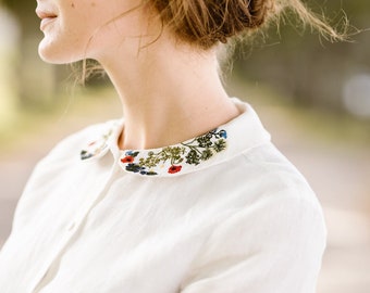 FLOWER EMBROIDERY SHIRT | Embroidered Collar Linen Top, Long Sleeves Blouse, Victorian Style Blouse, White Linen Shirt, Peter Pan Collar