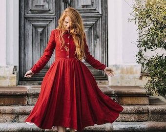 RED LINEN DRESS | Mid Century Modern Dress, Cottagecore Dress, Linen Clothing, Victorian Dress, Long Sleeve Dress, Sondeflor Dress