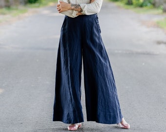 WOMEN'S LINEN PANTS| Blue Palazzo Pants, Linen Culottes, High Waist Pants, Wide Leg Trousers, Maxi Loose Pants, Boho Trousers, Sondeflor