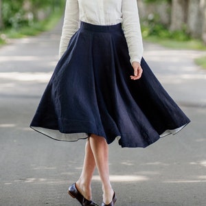 LINEN SKIRT | 1950's Midi Skirt, Renaissance Skirt, Circle Skirt, Victorian Skirt, Navy Blue Washed Linen, Wedding Guest Skirt, Cottagecore