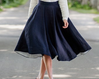 LINEN SKIRT | 1950's Midi Skirt, Renaissance Skirt, Circle Skirt, Victorian Skirt, Navy Blue Washed Linen, Wedding Guest Skirt, Cottagecore