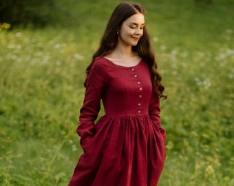 RED LINEN DRESS | Eyre Dress, Short Sleeve, Marsala Red Dress, Victorian Dress, Shirinatra Limited Collection, Son de Flor