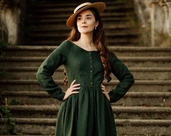 GREEN LINEN DRESS | Eyre Dress, Short Sleeve, Evergreen Dress, Victorian Dress, Shirinatra Limited Collection, Son de Flor