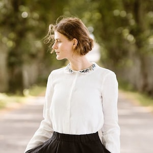 EMBROIDERED LINEN TOP | White Linen Shirt, Victorian Style Blouse, Vintage Timeless Blouse, Medieval White Shirt, Long Sleeve Linen Shirt