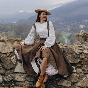 BRUINE LINNEN ROK | Edwardiaanse wandelrok, Dark Academia, dameskleding, Victoriaanse rok, renaissance cirkelrok, fantasierok