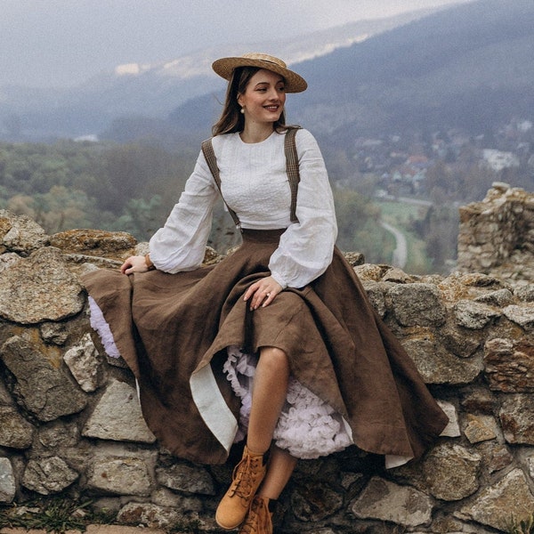 BROWN LINEN SKIRT | Edwardian Skirt, Victorian Skirt, Outlander Skirt, Walking Skirt, Circle Skirt, Boho Skirt, Vintage Style, Sondeflor