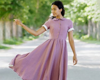 1960ER JAHRE STYLE KLEID | Lila Leinen Kleid, Cottagecore Kleid, Sommerkleidung, fließendes Kleid, Boho Kleid, Leinen Shirtkleid, Sondeflor