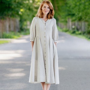 LINEN MAXI DRESS | Medieval Dress, Cottagecore Dress, Half Sleeve Dress, Button Front Dress, Natural Dress, Sondeflor Ophelia Dress