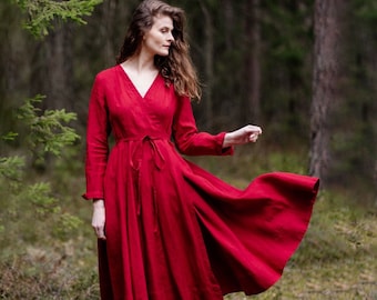 RED WRAP DRESS | Linen Dresses For Women, Mother Of The Bride Dress, Romantic Dress, Renaissance Linen Dress, Midi Dress, Mid Century Modern