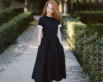 LINEN DRESS WOMEN | Black Linen Dress, Mid Century Modern, Summer Dress, Peter Pan Collar, Plus Size Linen, Prairie Dress, SondeflorShop