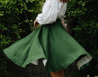 GREEN SKIRT | Linen Skirt, Victorian Skirt, Edwardian Skirt, 1940's Skirt, Wedding Guest Skirt With Pockets, Walking Skirt, Linen Skirt