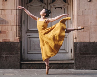 YELLOW SWING DRESS | Linen Dress, Marigold Yellow Dress, Cottagecore Clothing, Fit And Flare Dress, Flowy Dress, Circle Petite Dress