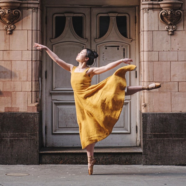 YELLOW SWING DRESS | Linen Dress, Marigold Yellow Dress, Cottagecore Clothing, Fit And Flare Dress, Flowy Dress, Circle Petite Dress