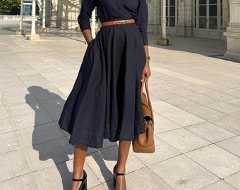 LINEN SKIRT | Walking Skirt, Modern 50s Skirt, 1950's Midi Skirt, Circle Skirt, Mid Century Modern, Wedding Guest Skirt, Sondeflor Clothing