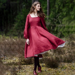 RED MIDI DRESS | Mid Century Modern Dress, Renaissance Dress, Medieval Dress, Victorian Dress, Linen Clothing, Carmen