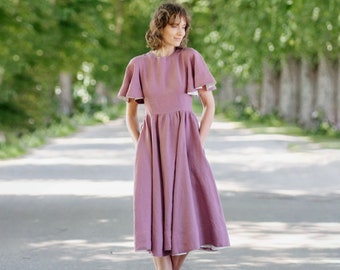 PURPLE LINEN DRESS | Mid Century Modern, Butterfly Sleeve Dress, Handmade Clothing, Maxi Linen Dress, Flare Dress, A Line Dress, Sondeflor