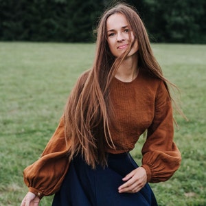 BISHOP SLEEVE TOP | Victorian Blouse, Lantern Sleeve Blouse, Long Sleeve Top, Brown Linen Top, Elegant Shirt, Bohemian Shirt,Puff Sleeve Top