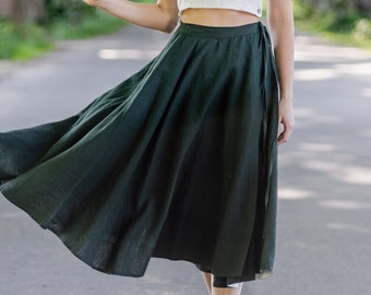 LINEN WRAP SKIRT | Dark Green Skirt, Midi Circle Skirt, Walking Skirt, Linen Clothing, Bridesmaid Skirt, Mid Century Modern, Sondeflor