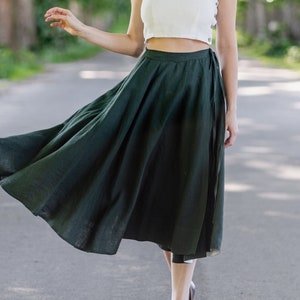 LINNEN OVERSLAGROK | Donkere academische kleding, eerlijke renaissance-outfit, donkergroene rok, midi-cirkelrok, wandelrok, linnen kleding