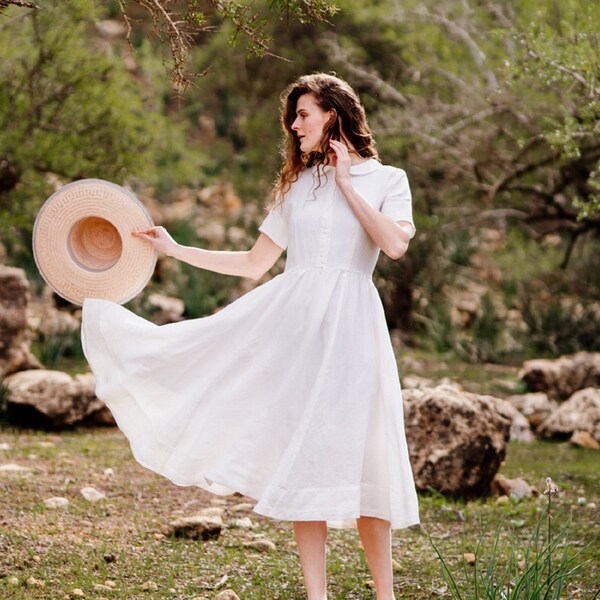 ROBE MIDI BLANCHE | Robes en lin avec col, robe de mariée des années 1950, robe de mariée à col, robes d’été, robe Cottagecore, robe longueur thé