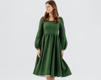 CARMEN DRESS | Emerald Green Linen Dress, Summer Linen Dress, Cottagecore Clothing, Long Puff Sleeves Dress, Unique Linen Dress, Sondeflor