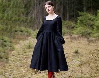 SQUARE NECK DRESS | Bishop Sleeve Maxi Dress, Black Linen Dress, Mid Century Modern, Medieval Dress, Whimsigoth Dress, Carmen Dress in Black