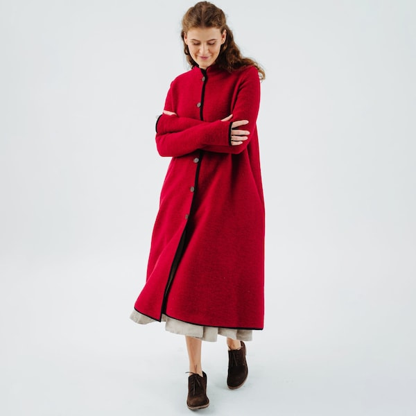 MANTEAU EN LAINE | Manteau en laine rouge coquelicot, Long manteau en laine, Trench d'hiver rouge, Manteau d'hiver chaud, Vêtements d'automne, Pull boutonné, Sondeflor