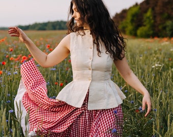 WRAP SKIRT | Red Gingham, Full Circle Skirt, Red Linen Skirt, Fairytale Fashion Clothing, Wrap Skirt, Cottagecore, Linen Skirt, Sondeflor