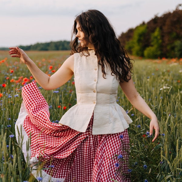 JUPE PORTEFEUILLE | Vichy rouge, jupe circulaire, jupe en lin rouge, vêtements tendance de conte de fées, jupe portefeuille, cottagecore, jupe en lin, Sondeflor