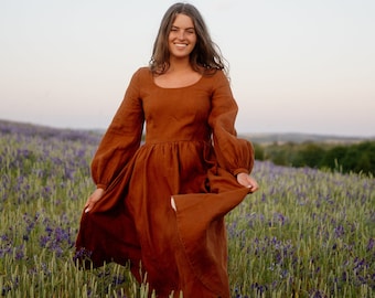 CARMEN DRESS | Warm Brown Linen Dress, Summer Linen Dress, Cottagecore Clothing, Long Puff Sleeves Dress, Unique Linen Dress, Sondeflor
