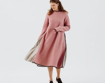 WOOL SWEATER DRESS | Pink Wool Sweater Dress, Double Slit Dress, Women Pink Sweater Dress, Winter Sweater Dress, Warm Mockneck Dress