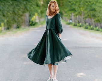 MIDI LINEN DRESS | Mid Century Modern Dress, Plus Size Dress, Puff Sleeves Dress, Modern 50s Dress, Minimalist Dress, Sondeflor Carmen Dress
