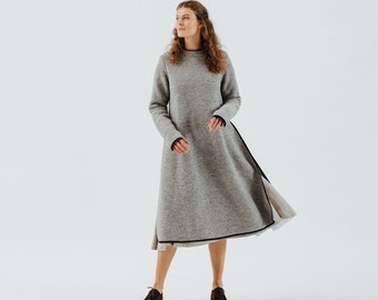WOOL SWEATER DRESS | Grey Wool Sweater Dress, Double Slit Dress, Women Grey Sweater Dress,Winter Sweater Dress,Warm Mockneck Dress,Sondeflor