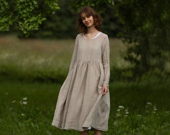 LINEN SMOCK DRESS | Natural Linen Dress, Plus Size Dress, Oversize Dress, Mid Century Modern Dress, Women Maxi Dress, Country Cottage Dress