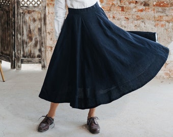 DARK BLUE SKIRT | Linen Skirt, Victorian Skirt, Edwardian Skirt, 1940's Skirt, Wedding Guest Skirt With Pockets, Walking Skirt, Linen Skirt