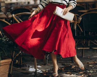 WRAP SKIRT | Red Poppy Full Circle Skirt, Red Linen Wrap Skirt, Fairytale Fashion Clothing, Wrap Skirt, Cottagecore Clothes, Linen Skirt