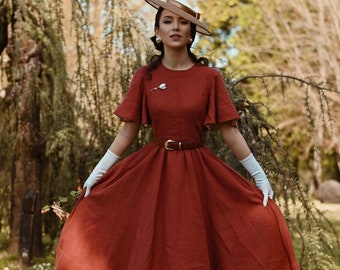 SUMMER LINEN DRESS | Mid Century Modern Dress, Butterfly Sleeves Dress, Wide Sleeve, Mother Of The Bride, Cottagecore