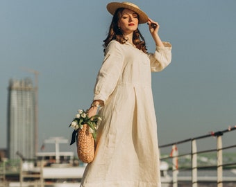 SAILOR STYLE DRESS | White Hemp Dress, Long Sleeve Sailor Dress, Summer Dress, Sondeflor