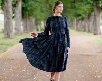 VESTIDO DE TARTÁN AZUL / Vestido a cuadros de lino, Vestido de la década de 1950, Vestido de manga larga, Vestido a cuadros, Vestido de línea, Vestido de lino swing, Vestido de camisa de mujer