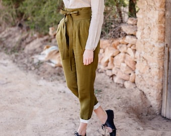 Son de Flor feminine classics in high Women's Casual Linen Pants, Linen