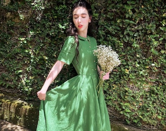 CIRCLE SKIRT DRESS | Green Linen Dress, Fairycore Dress, Summer Linen Dresses, Flax Linen Clothing, Son de Flor