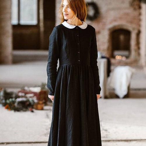 BLACK LINEN DRESS White Collar Dress 