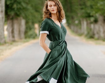 WRAP DRESS | Dark Green Dress, Handmade Clothing, Linen Dresses, Linen Kimono Dress, Mother Of The Bride Dress, Summer Dress