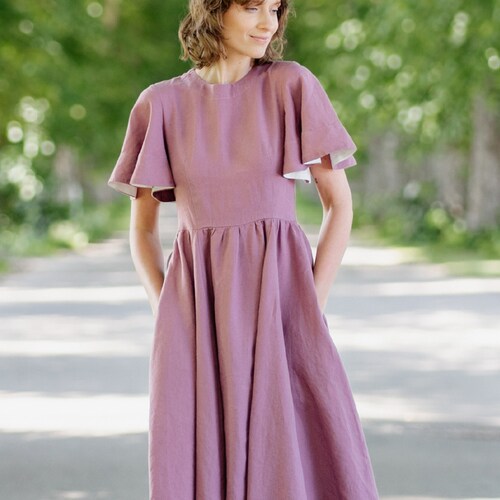 PURPLE LINEN DRESS Butterfly Sleeve 