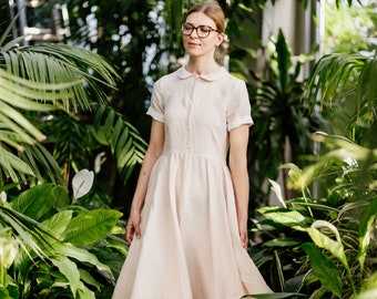 Linen Dresses, Summer Linens, Women Dress, Midi Dress, Vintage Linen Clothing, Minimalist Style, Linen Wear, Seashell White Classic Dress