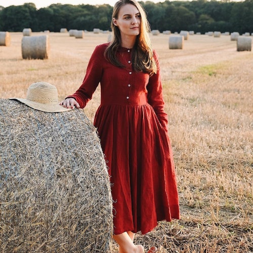 A LINE DRESS Red Linen Dress Long 