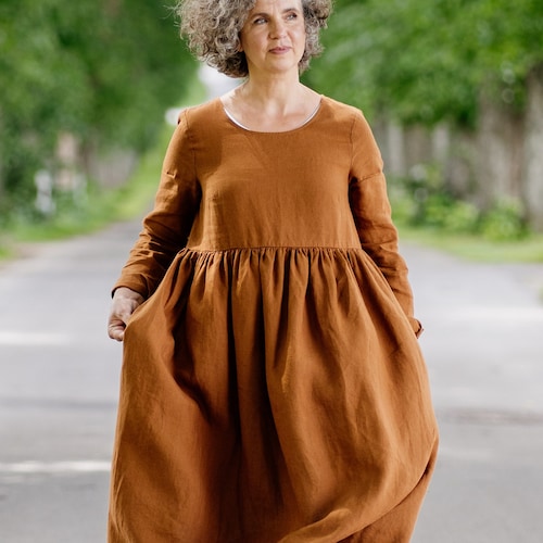 BROWN SMOCK DRESS Linen Clothing Flowy 