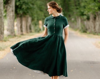 50s LINEN DRESS | Peter Pan Collar Dress, Linen Midi Dress, Vintage Style, Short Sleeve Dress, Linen Shirt Dress