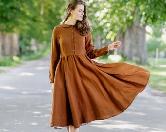 ROBE EN LIN MARRON | Robe swing, robe des années 1960, vêtements en lin, robe taille plus, robe longue en lin, robe en lin ample, lin pur