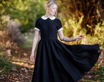 COLLARED DRESS | Black Linen Dress, Peter Pan Collar, Black Dress White Collar, Classic Dress, Cottagecore, Sondeflor